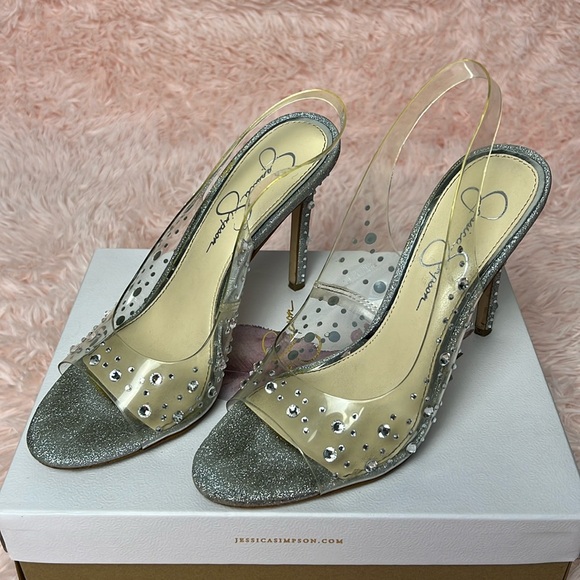Jessica Simpson Clear/ Silver PVC Rhinestone Cinderella Sandal Size 7M/ 7.5 - Picture 2 of 6